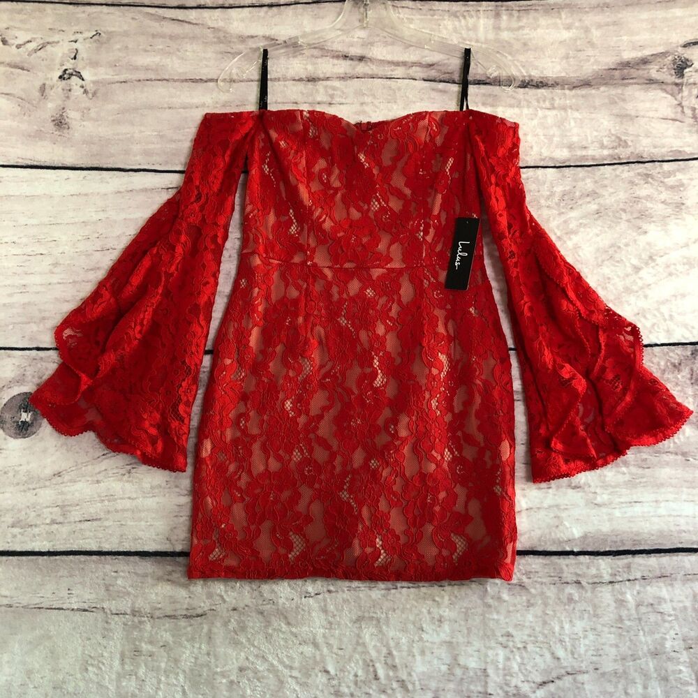 Lulus Dress S Red Lace Off Shoulder Bell Sleeve Bodycon Mini Infatuated With You